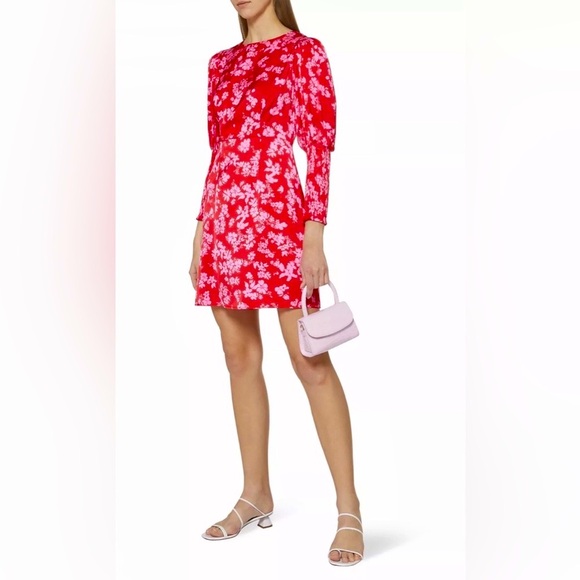 Never Fully Dressed Delores Dress 10 Red Pink Floral ruched bishop sleeves $103 - Picture 4 of 16
